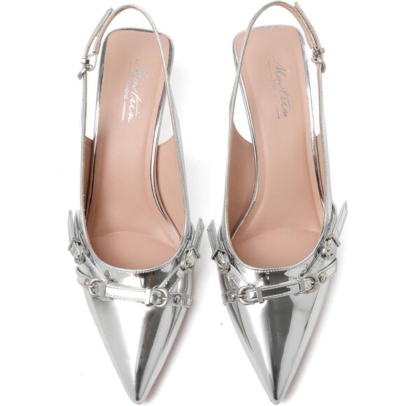 Mostrin Kitten Heel Silver Faux Leather Low Slingback Heels with Buckle - Picture 6 of 9